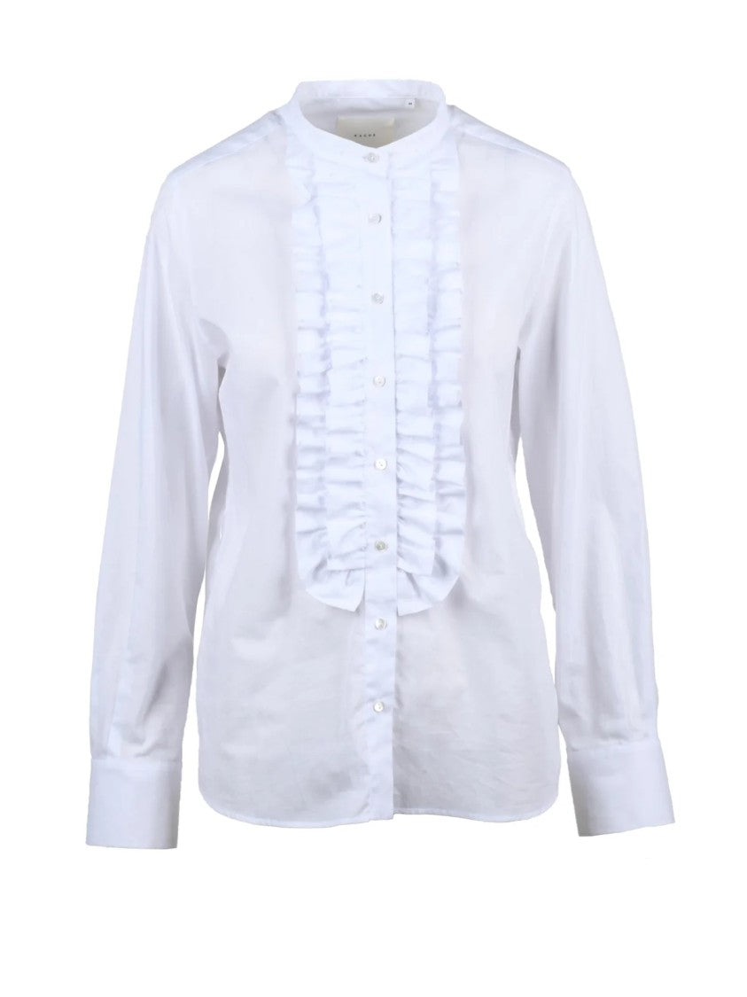 Xacus White Vertical Ruffle Mandarin Collar Cotton Shirt