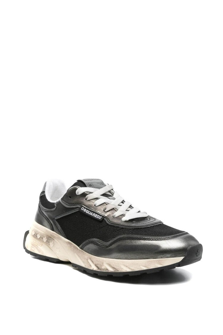 Dsquared2 Black Distressed Wash Mesh-Panel Leather-Blend Sneakers
