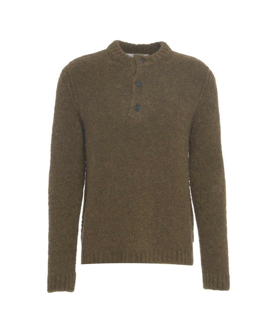 Amaranto Green Knit Sweater With Stand-Up Collar And Button Closure