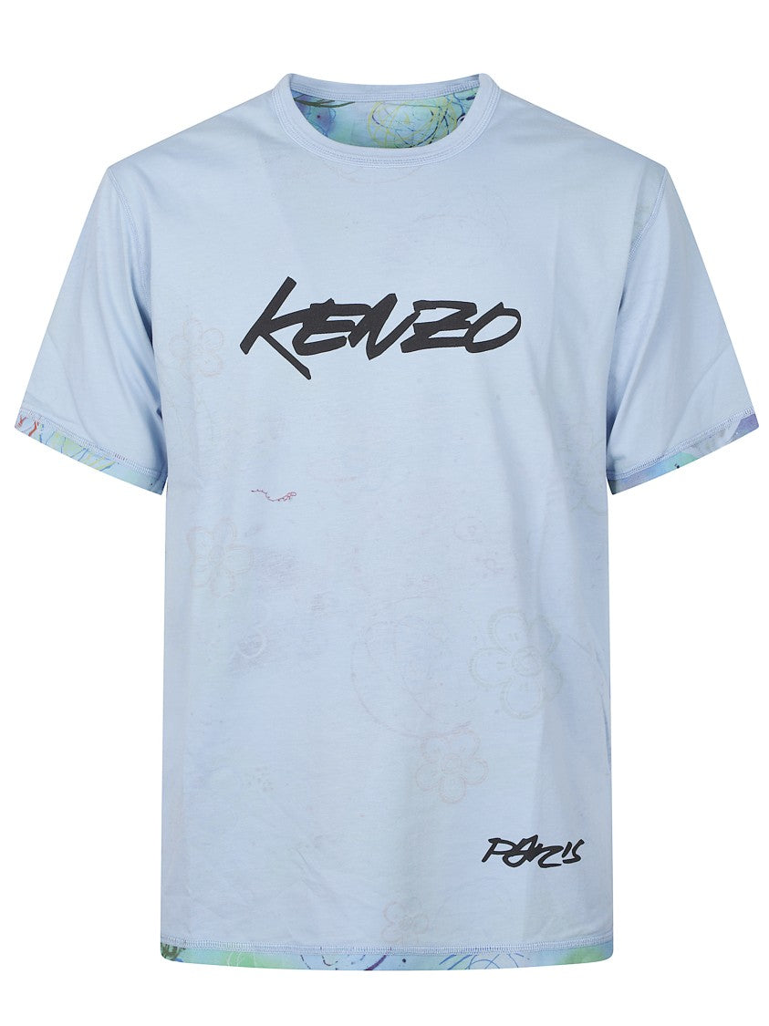 Kenzo Light Blue Logo Print T-Shirt With Floral Detail