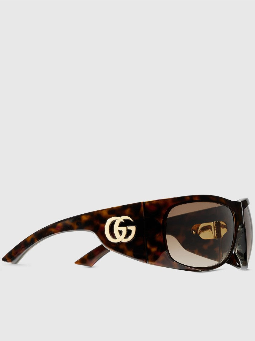 Gucci Brown Rectangular Tortoiseshell Double-G Logo Sunglasses
