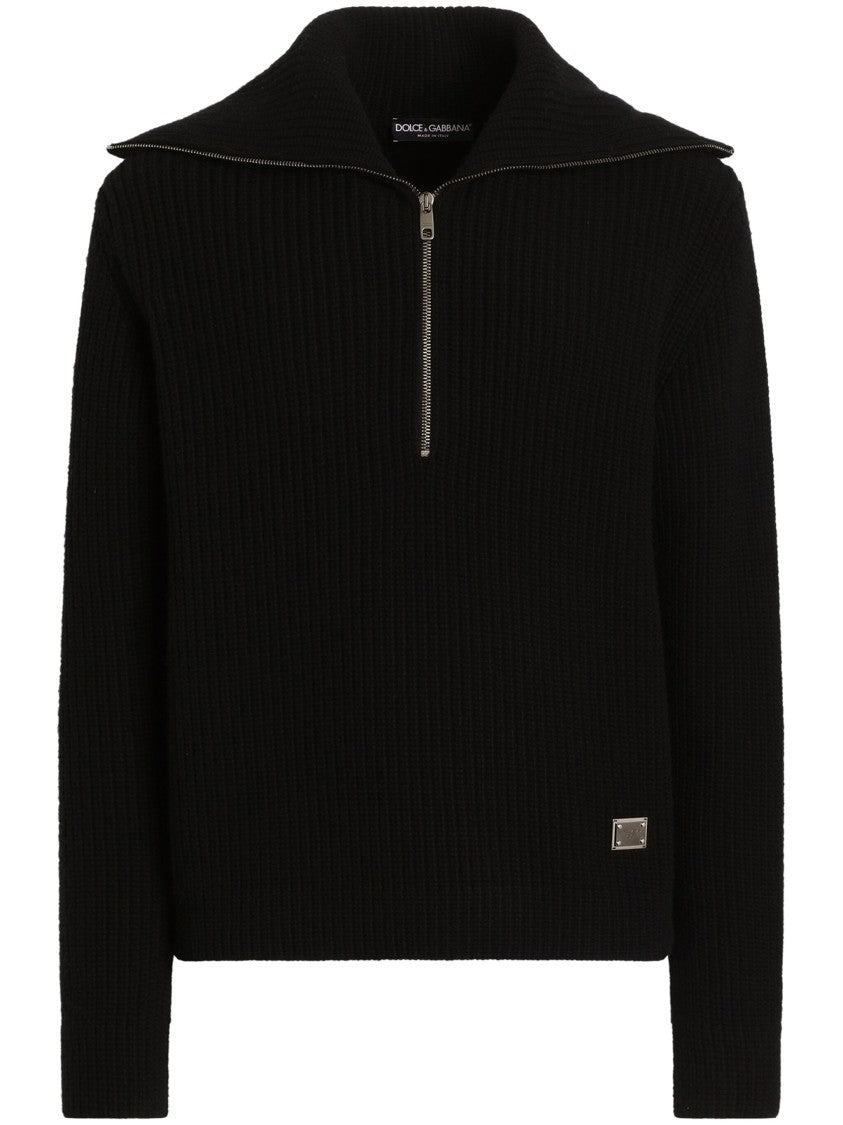 Dolce & Gabbana Black Ribbed Knit Half-Zip Wool Pullover