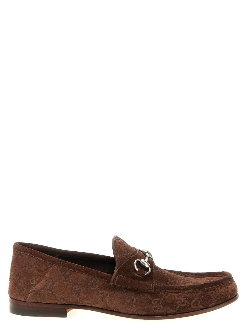 Gucci Brown Suede Loafers With Embossed Gg Pattern