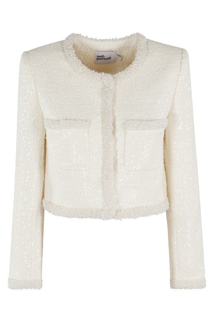 Self-Portrait Cream Boucle Pearl Trim Jacket