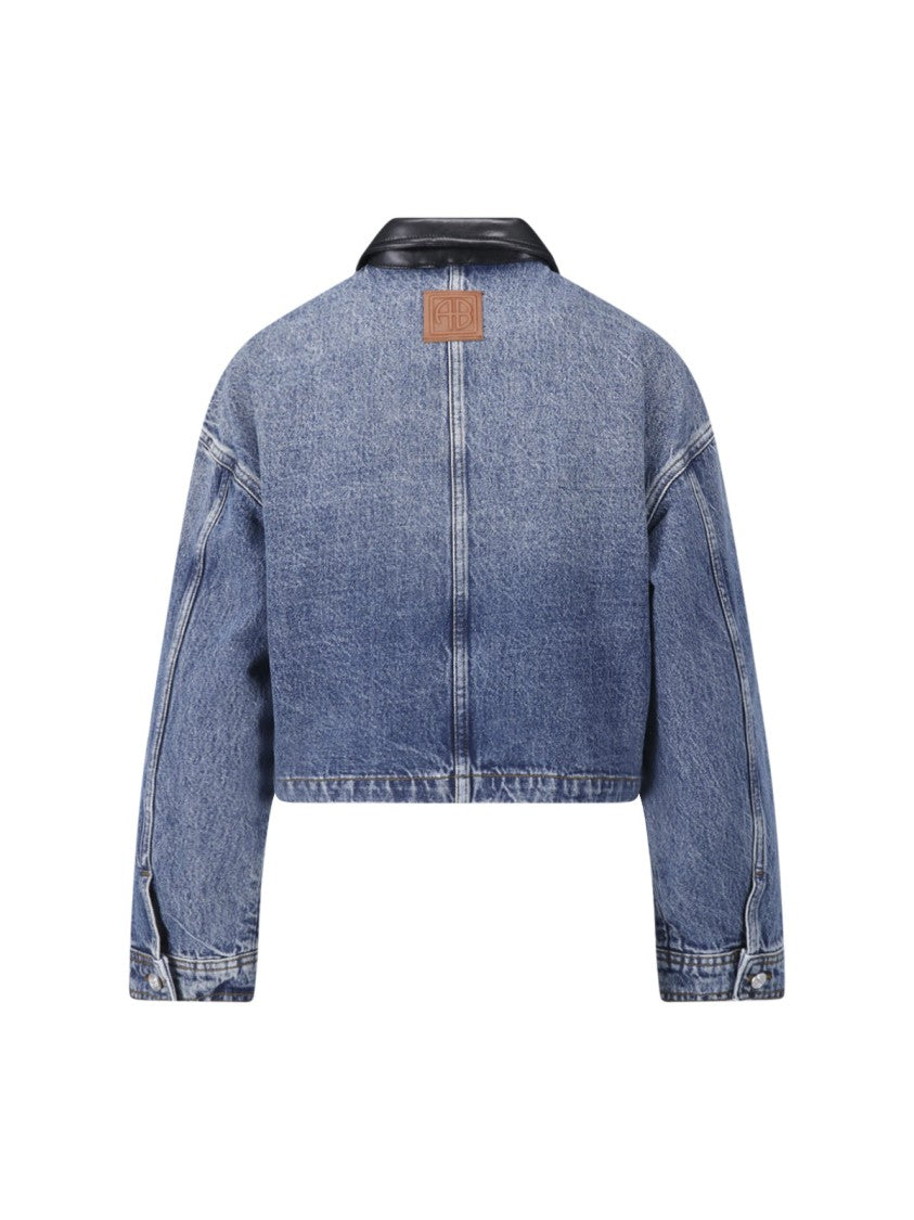 Anine Bing Cropped Blue Denim Jacket With Black Leather Collar
