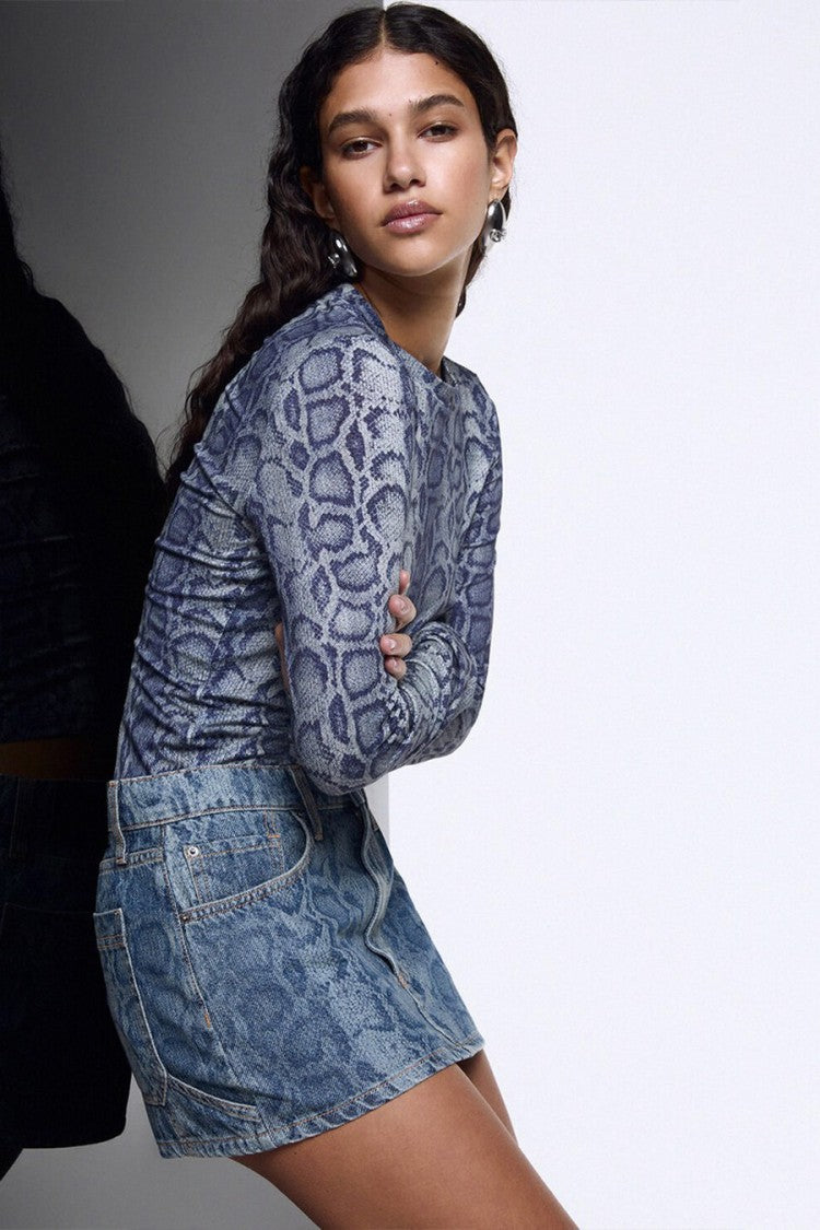 Liu Jo X Capsule 1 Elodie Blue Snake-Print Faded Denim Mini Skirt