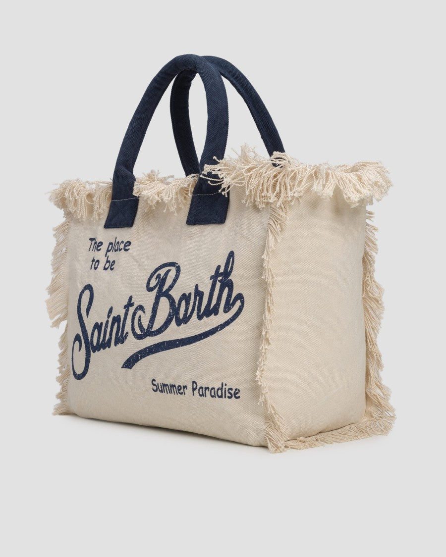 Mc2 Saint Barth Rectangular Natural Canvas Tote Bag With Fringed Edges