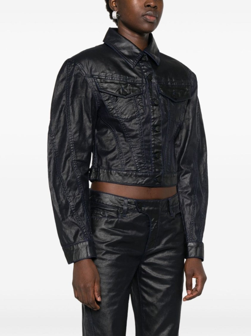 Mugler Cropped Midnight Blue Wax-Effect Jacket