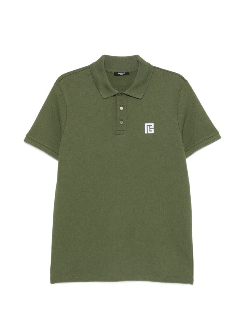 Balmain Khaki Green Piqué Weave Polo Shirt With Logo Patch