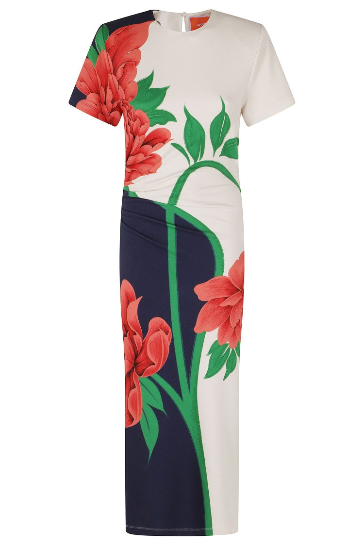 La Double J Cream Blue Red Lela Flower Printed Viscose Maxi Dress