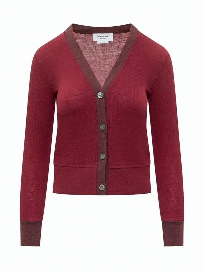 Thom Browne Cropped Burgundy Cardigan With Deep V-Neckline And Ribbed Details