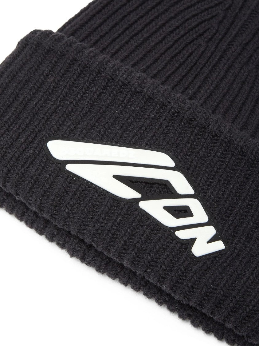 Dsquared2 Ribbed Knit Beanie Hat With Folded Cuff And Iconic Logo