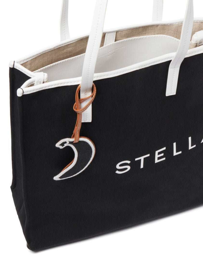 Stella Mccartney Black Canvas Tote Bag With Logo Prints And Moon Charm