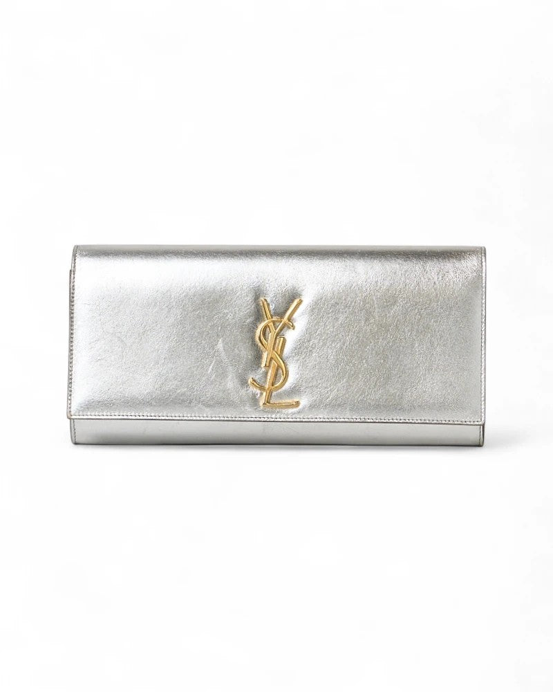 Saint Laurent Medium Cassandre Clutch Bag In Silver