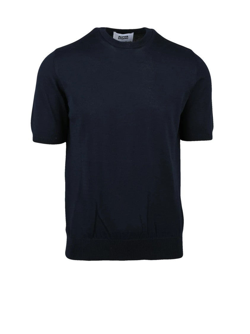 Alpha Studio Navy Blue Cotton Crewneck Knit Top