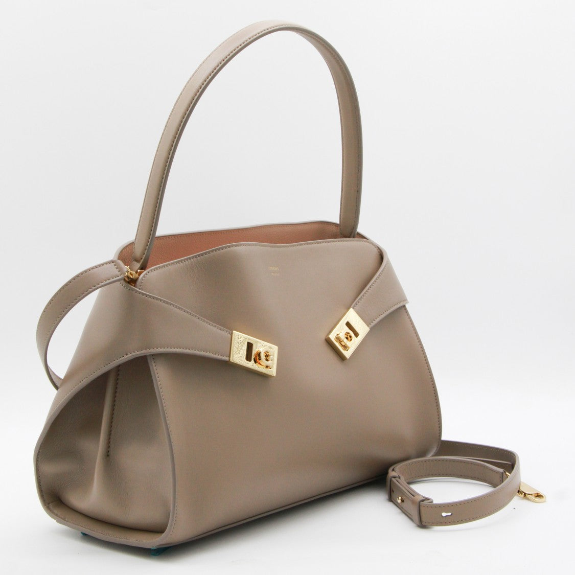 Ferragamo Structured Taupe Leather Handbag With Gold-Tone Accents