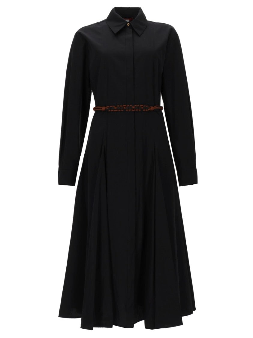 Max Mara Mid-Calf Length Black Poplin Dress With Braided Belt