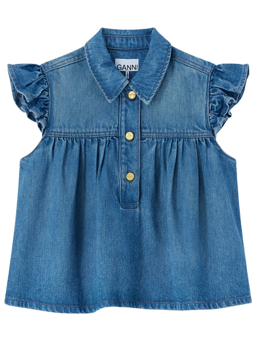 Ganni Lyocell Ruffled Cap Sleeves Top