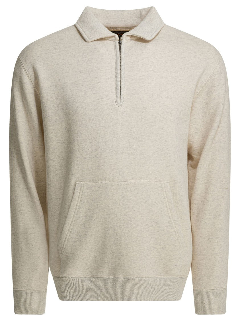 Beams Plus Half-Zip Cotton Sweatshirt With Kangaroo Pocket And Ribbed Trims