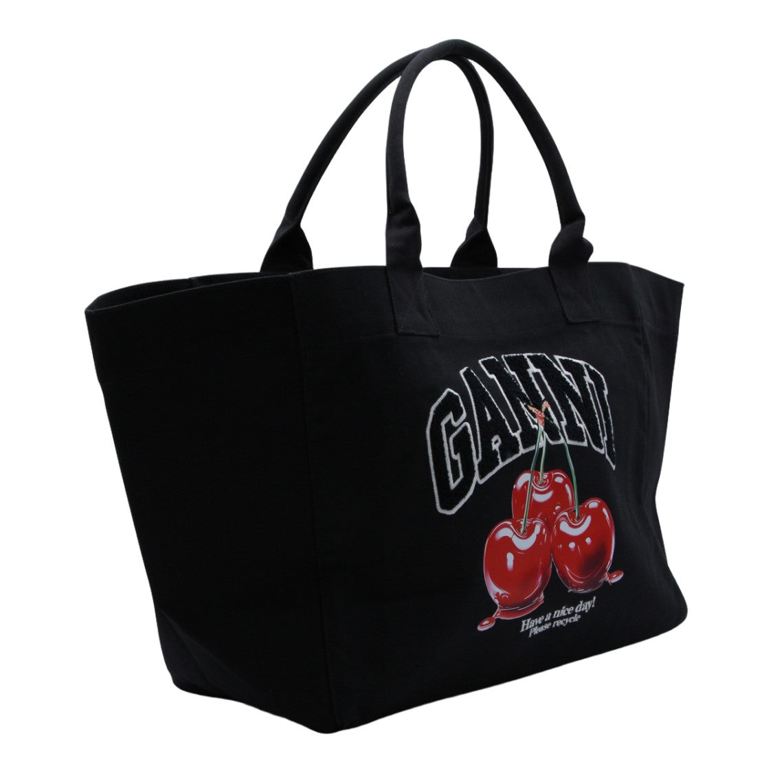 Ganni Spacious Black Tote Bag With Playful Cherry Graphic
