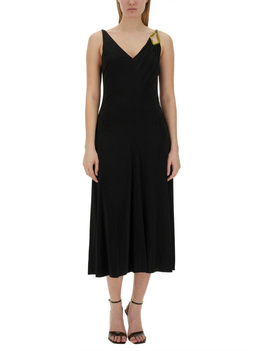 Lanvin Black Midi Dress With Asymmetrical Shoulder Detail