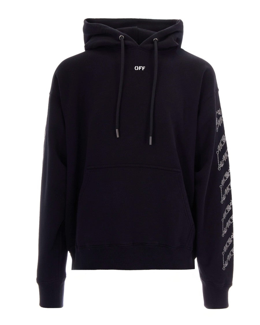 Off-White Pullover Hoodie With Chain Arrow Motifs And Drawstring Hood