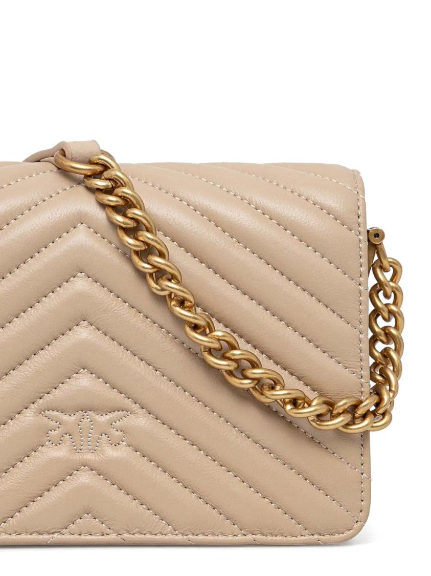 Pinko Quilted Beige Mini Shoulder Bag With Bird Motif Hardware