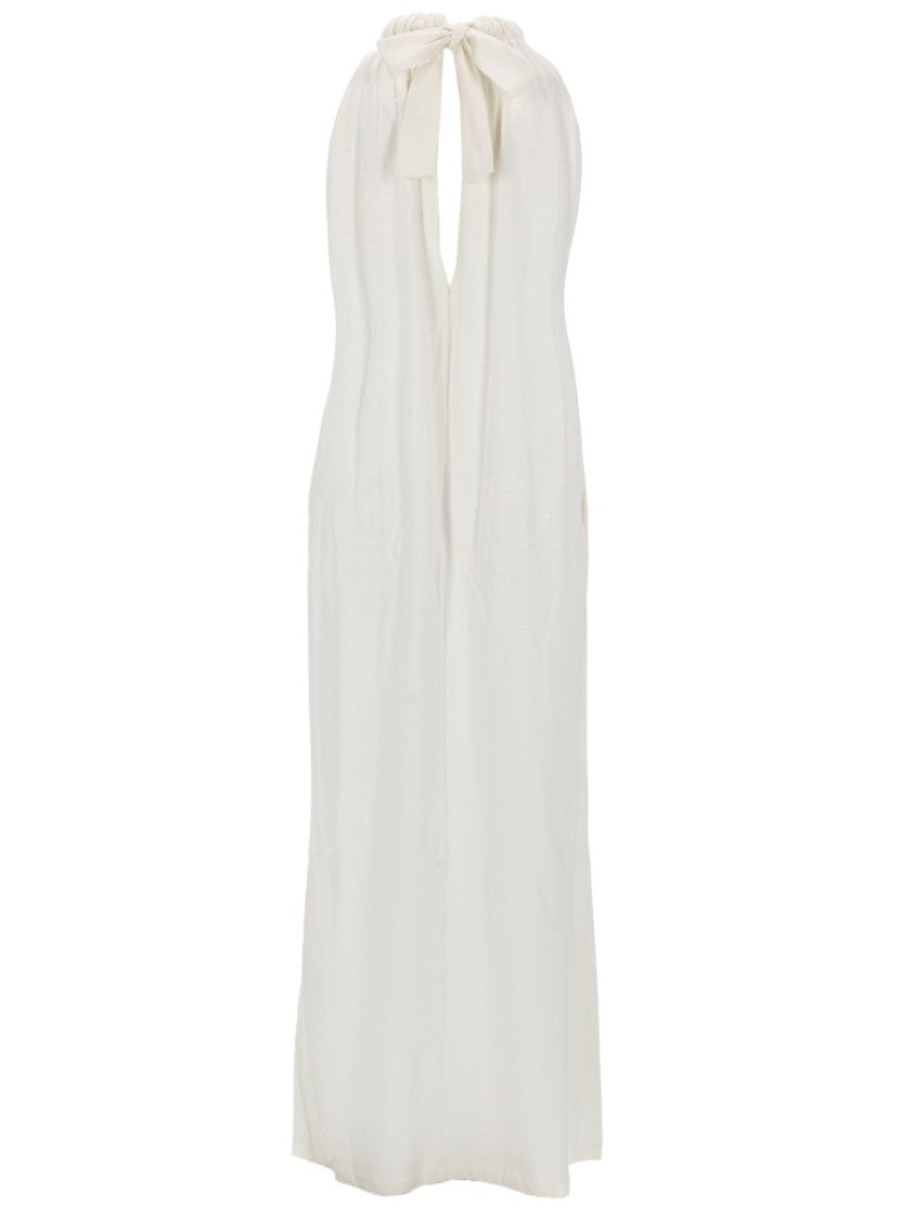 Nude Gathered High Neck Cotton Maxi Dress