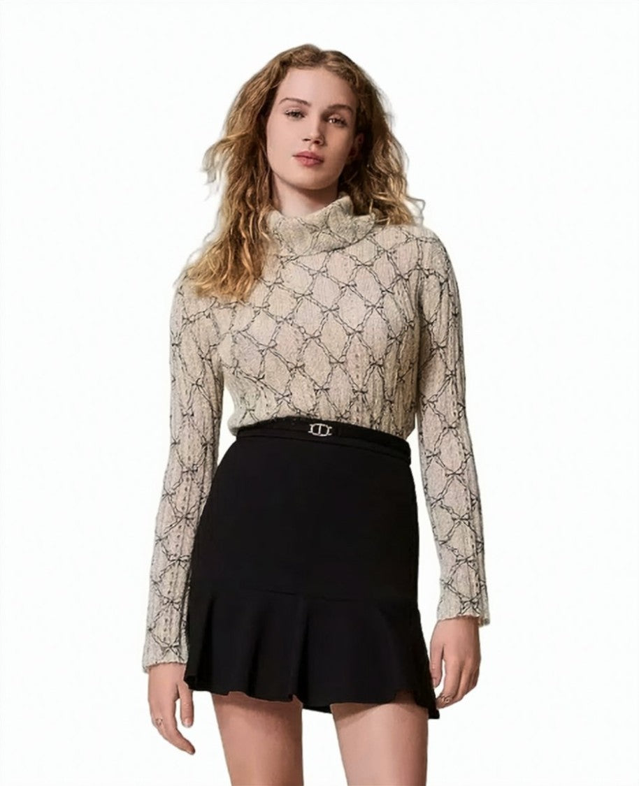Twin-Set White Cream/Black Mohair-Blend Metallic Bow Print Turtleneck Top