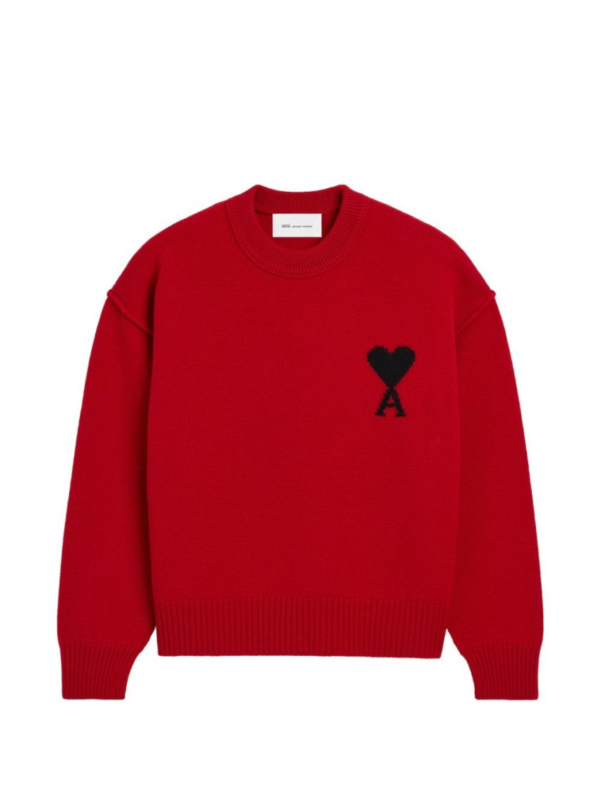 Ami Paris Boxy Fit Red Knit Sweater With Embroidered Heart Detail