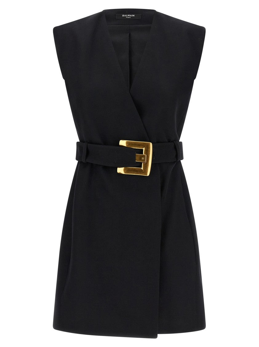 Balmain Mini Wrap Dress With Padded Shoulders And Exquisite Metal Buckle