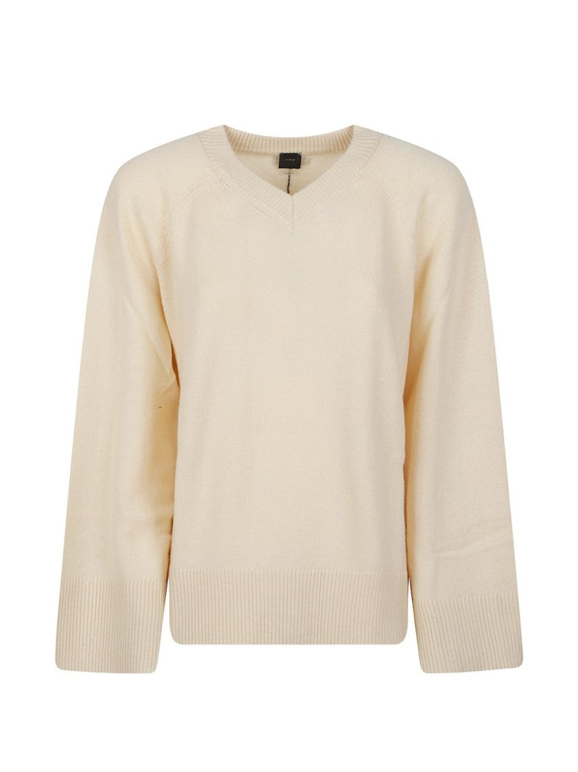 Pinko Creamy Beige Sweater With V-Notch Detail And Ribbed Finish