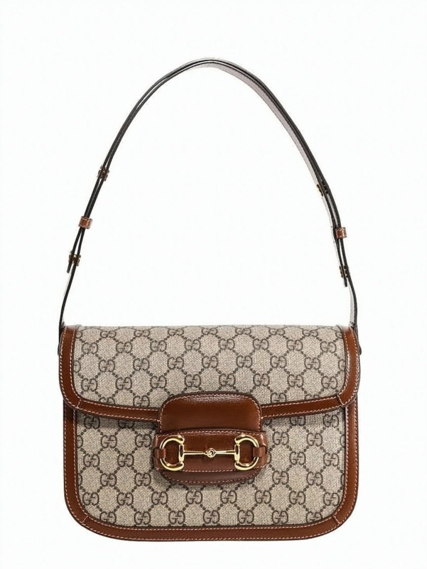 Gucci Structured Beige Canvas Horsebit Shoulder Bag With Leather Trimming