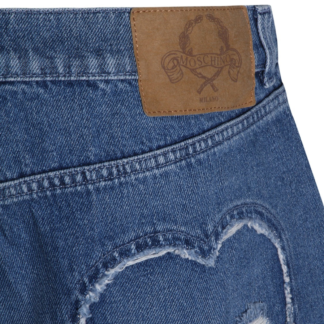 Moschino Denim Shorts With Frayed Heart-Shaped Patches