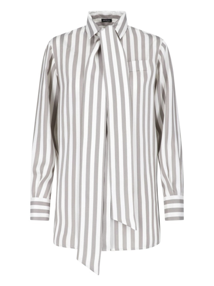 Kiton Beige Silk Striped Classic Collar Shirt