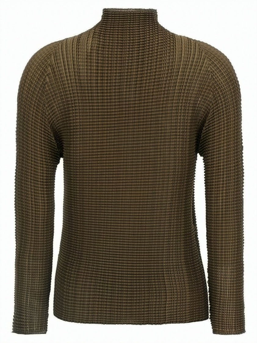 Issey Miyake Textured Brown Turtleneck Top With Fitted Silhouette