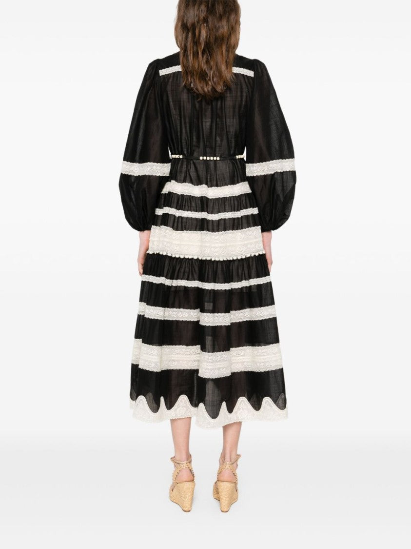 Zimmermann Black And White Striped Midi Dress With Puff Sleeves
