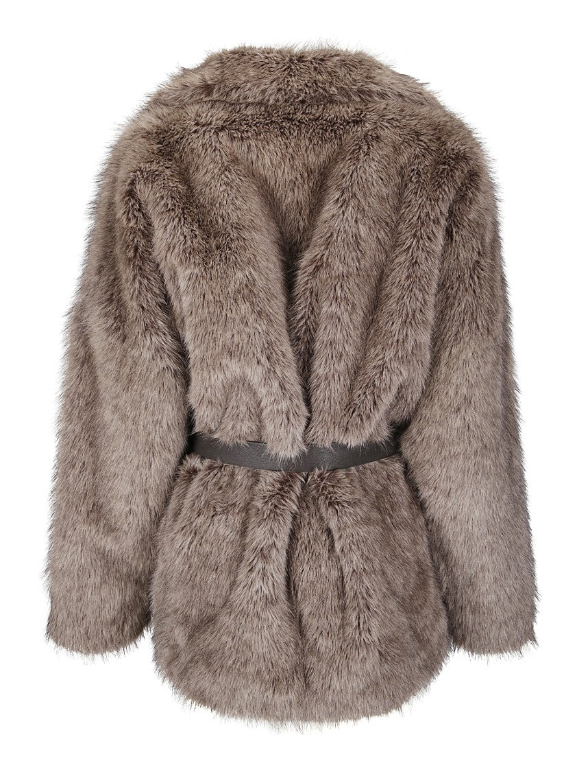 P.A.R.O.S.H. Synthetic Fur Jacket With Adjustable Buckle Belt And Lapel Collar