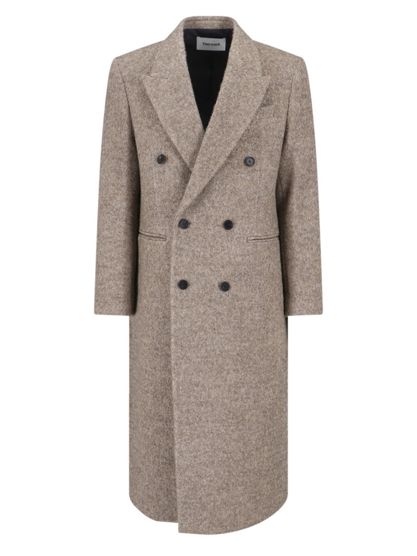 Tonywack Double-Breasted Beige Wool Coat With Herringbone Texture