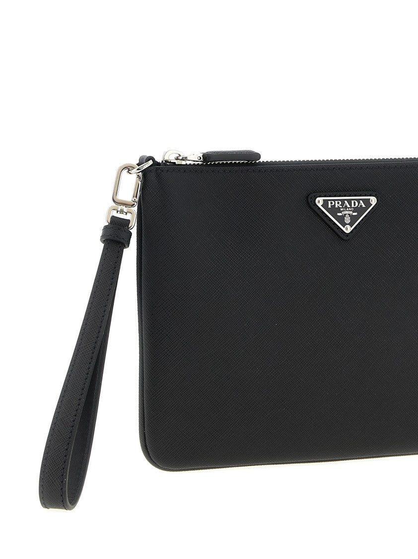 Prada Refined Saffiano Leather Clutch With Enameled Logo
