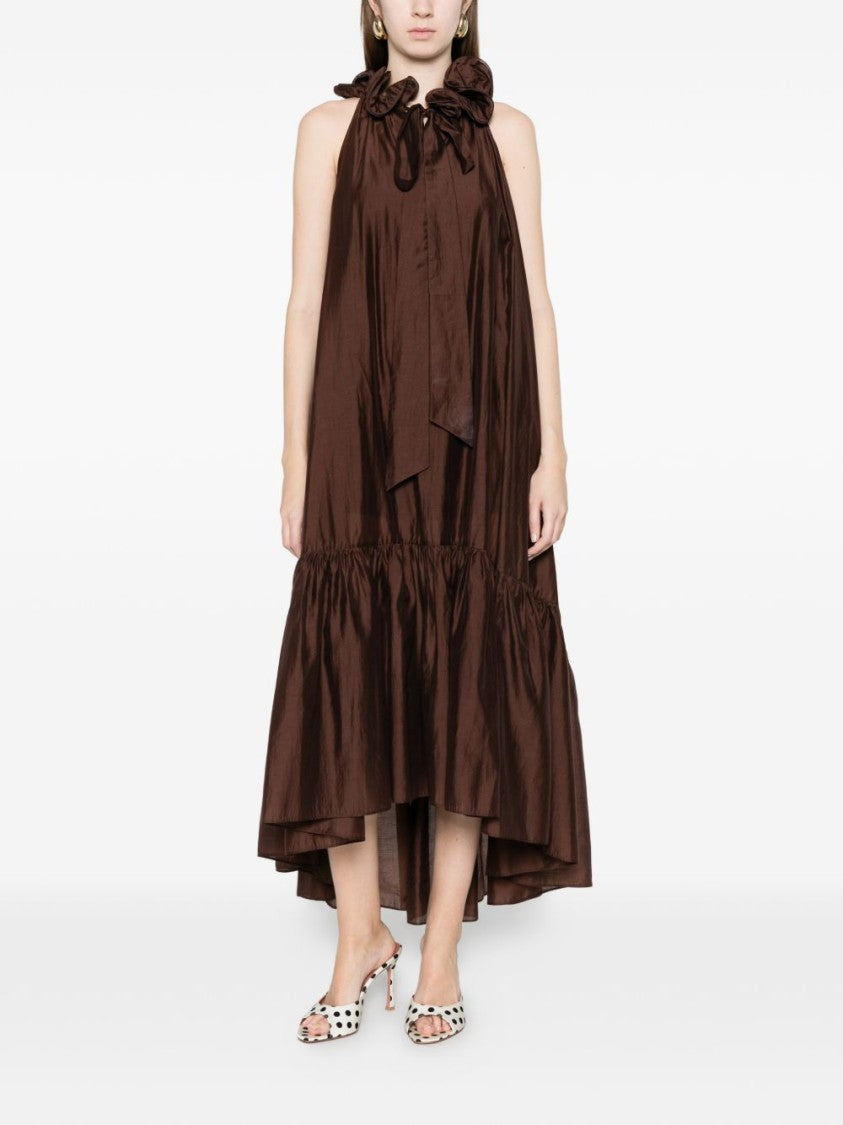 Twin-Set Chocolate Brown Ruffle Detail Midi Dress With Tiered Hem