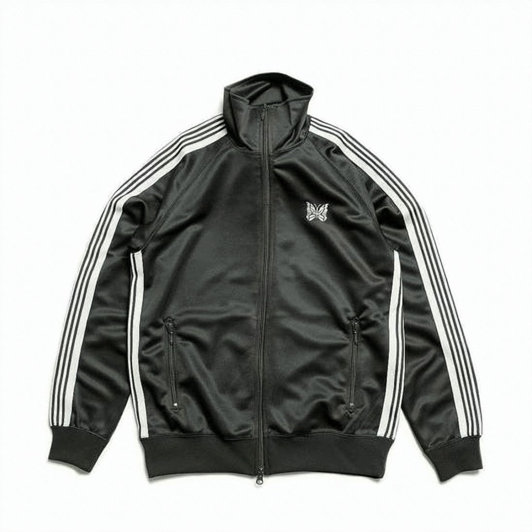 Needles Sleek Black Polyester Track Jacket With Triple Stripes And Embroidered Logo