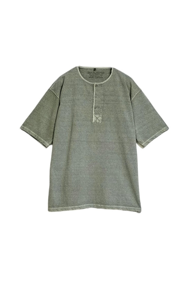 Nigel Cabourn Textured Green Short-Sleeved T-Shirt With Partial Button Placket