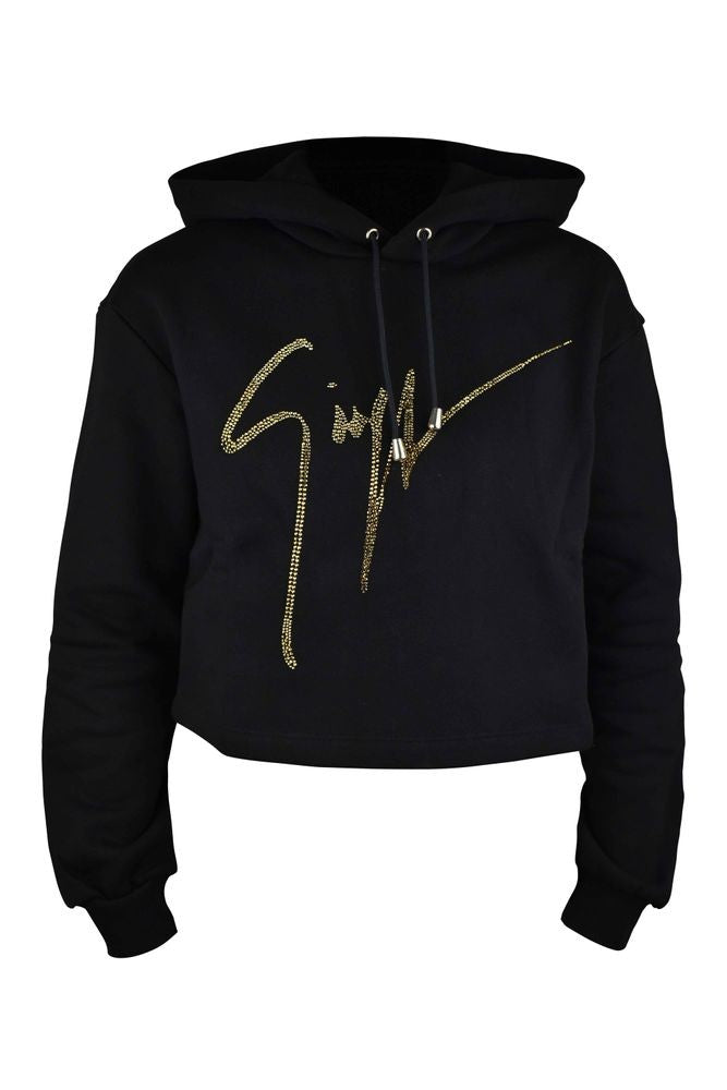 Giuseppe Zanotti Cropped Black Hoodie With Gold Rhinestone Embroidery
