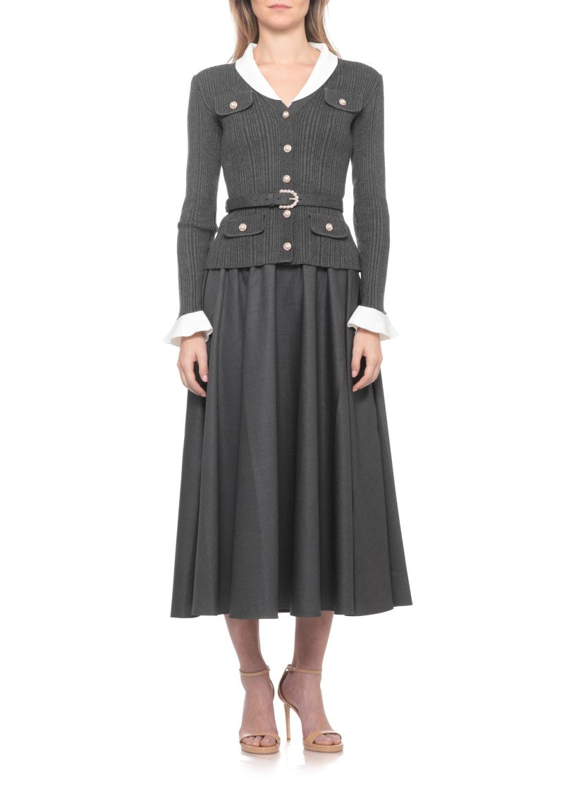 Self-Portrait Knit Twill Midi Dress With White Collar And Versatile Silhouette