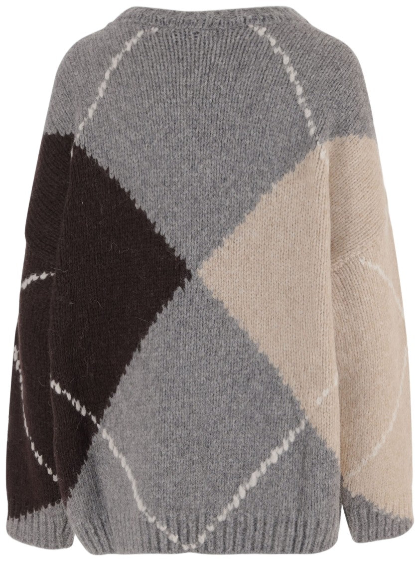 Bruno Manetti Wool-Blend Oversized Sweater With Argyle Pattern