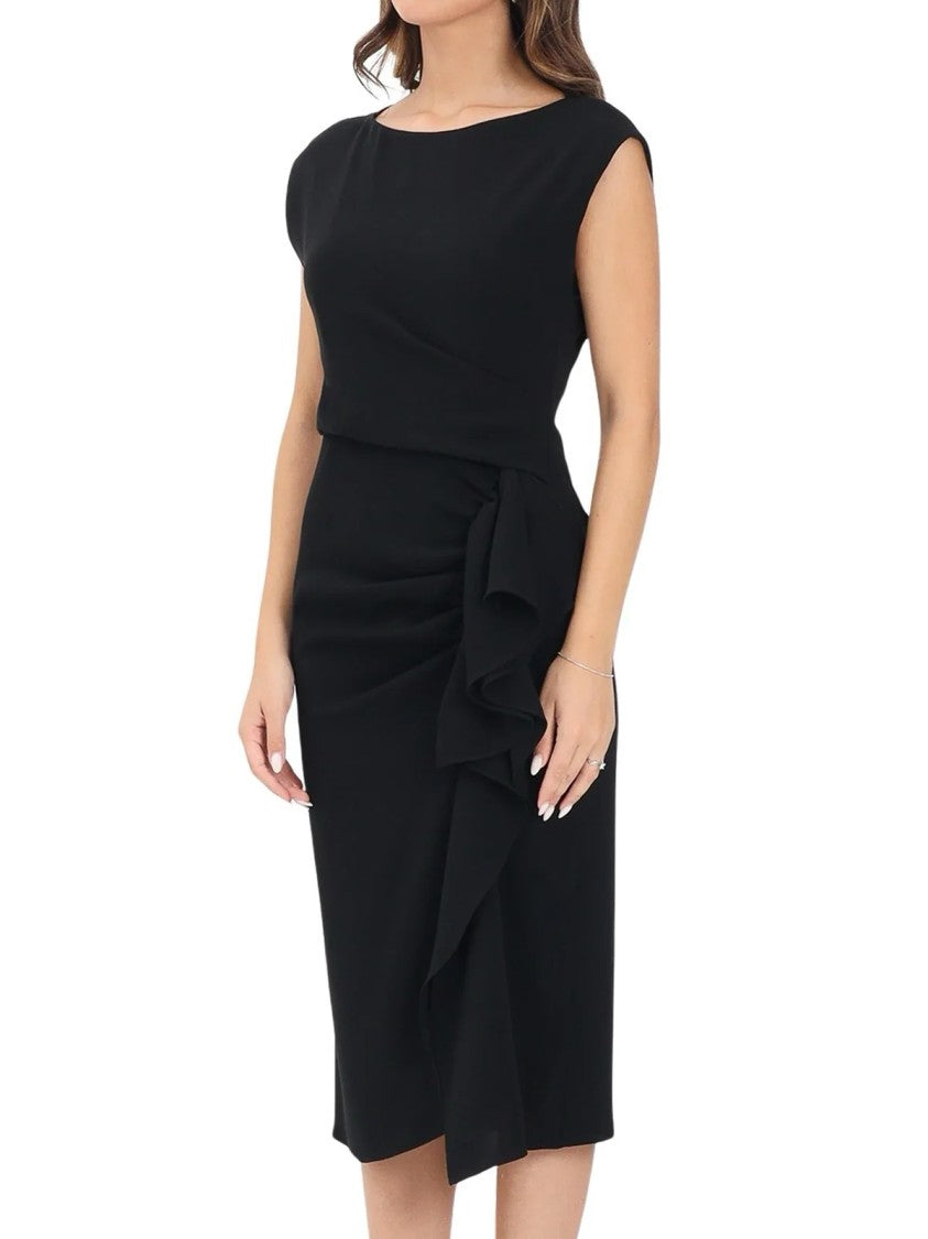 Max Mara Ruched Black Midi Dress With Cascading Ruffle Detail