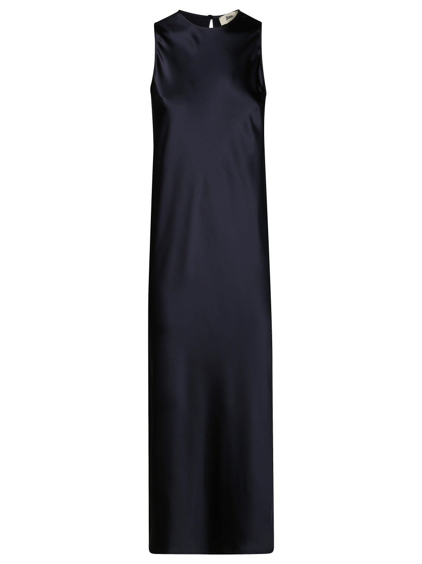 Herno Black Midi Satin Dress With High Neckline