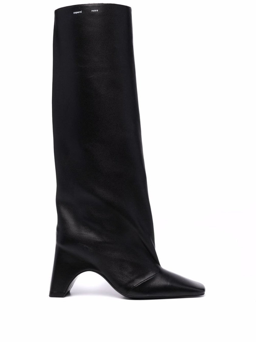 Coperni Mid-Calf Black Leather Boots With Square Toe And Block Heel