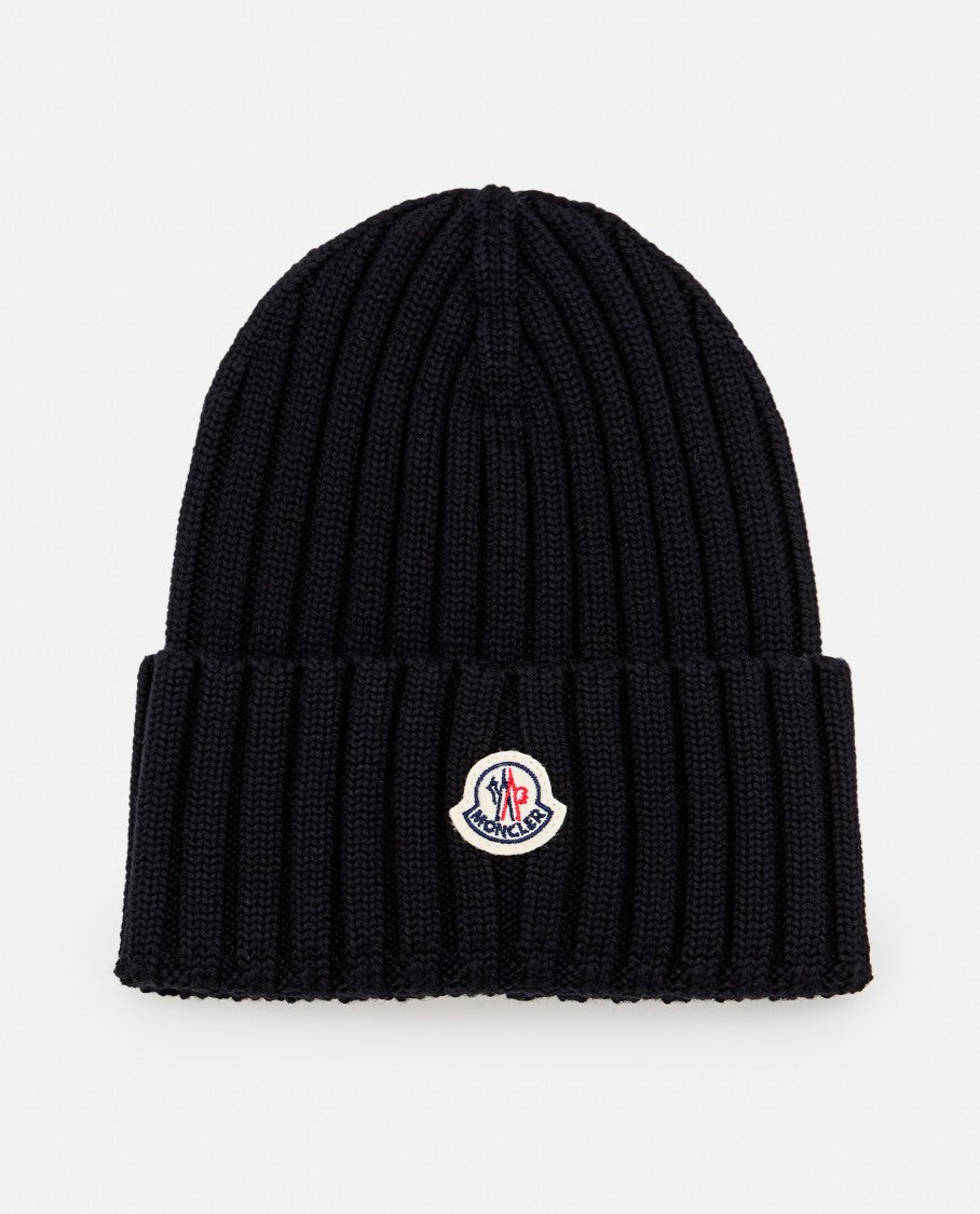Moncler Ribbed Beanie Hat With Embroidered Logo Detail
